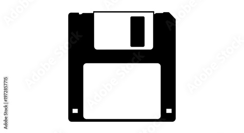 Floppy Disk Icon: A stark, minimalist portrayal of a classic floppy disk, rendered in bold black and white, serving as a nostalgic emblem of data storage technology.