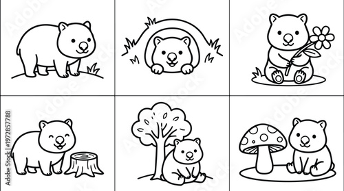Black and white line art sitting and standing wombat with flower tree and mushroom