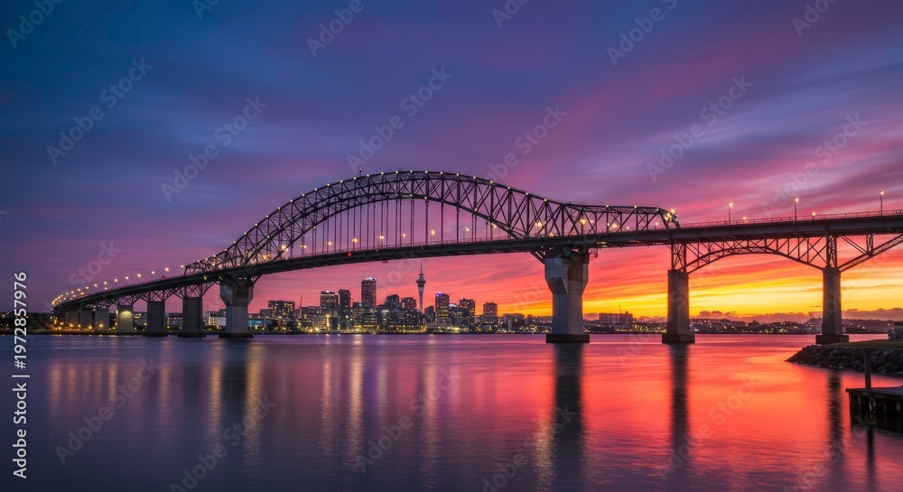 Fototapeta premium Sunset over city bridge water.