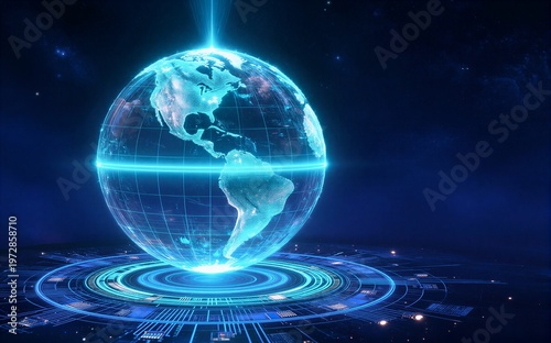 Digital globe floats above glowing tech interface symbolizing global