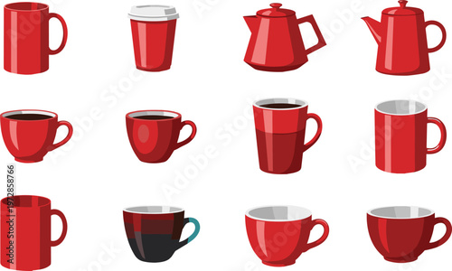 Set of red coffee cups, mugs, and teapots in various shapes, collection of hot beverage containers for cafe, kitchen, and drinkware vector illustration design