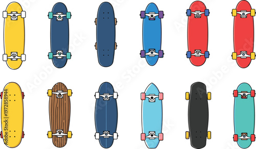 Set of skateboard deck illustrations in various shapes and colors, modern skate boards collection for street sport, urban lifestyle, and extreme sports design