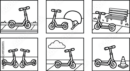 Black and white line art electric scooter with helmet bench and traffic cone icons