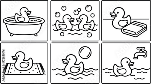 Rubber ducks in bathtub towel and water with bubbles