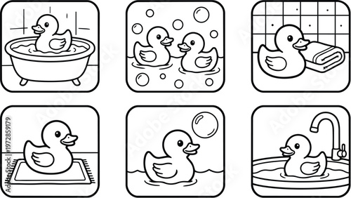 Black and white line art rubber ducks in bathtub bubbles and towel scenes