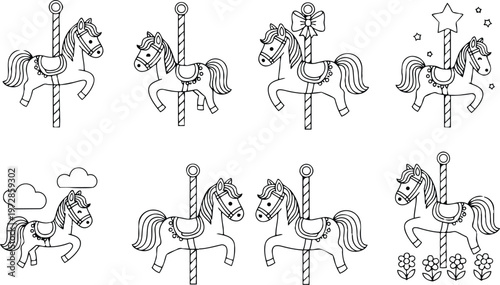Black and white carousel horse icons in various decorative poses with stars clouds and flowers
