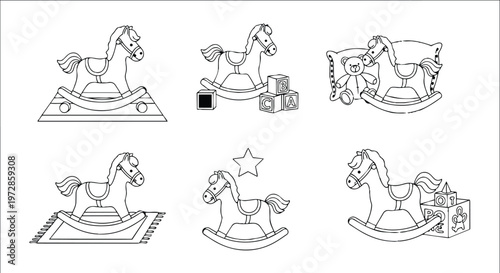 Black and white rocking horse with toys and star vector art set