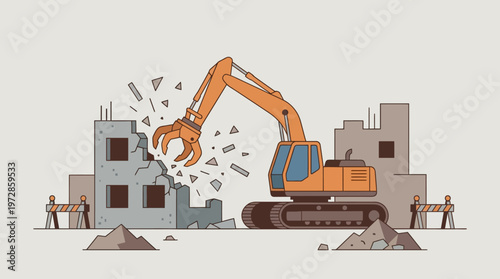 Excavator with Claw Grapple Demolishing Concrete Building Vector Illustration - Industrial Demolition and Construction Site Scene