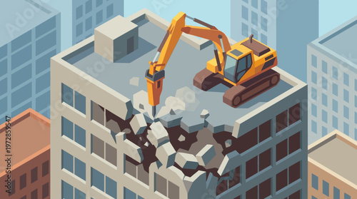 Isometric Yellow Excavator with Hydraulic Jackhammer Demolishing Building Rooftop in Urban Cityscape, Construction Site and Urban Renewal Concept Vector