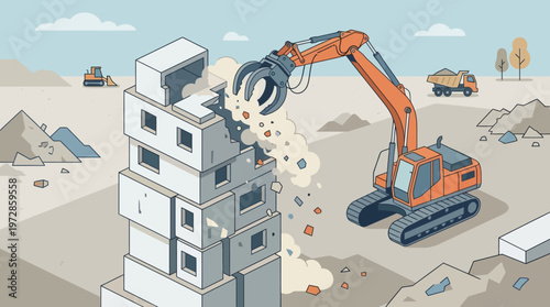 Heavy Excavator Tearing Down Building on Construction Site Vector Illustration