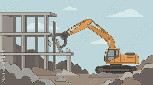Flat Illustration of a Heavy Excavator with a Demolition Claw Dismantling a Concrete Building Structure for Urban Redevelopment and Construction Site