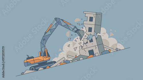 Stylized Excavator Demolishing a Tall Building Illustration - Heavy Machinery and Urban Renewal Concept - Flat Design Construction Scene