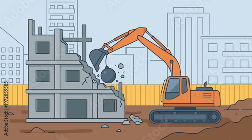 Excavator with Wrecking Ball Demolishing a Building Vector Illustration