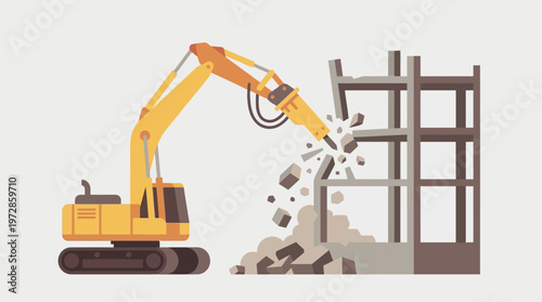Yellow Excavator with Hydraulic Breaker Demolishing Concrete Building Structure Flat Vector Illustration