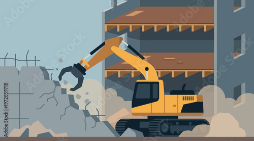 Heavy Duty Yellow Excavator with Claw Demolishing Concrete Building Structure, Urban Renewal and Construction Site Scene Vector Illustration