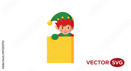 Cute Elf Peeking Over Yellow Sign, Christmas Character, Holiday Greeting