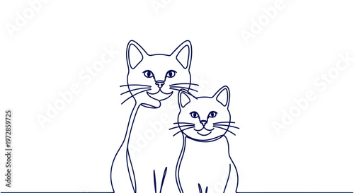 Cute Cat Couple Drawing, Minimalist Line Art, Pet Companionship