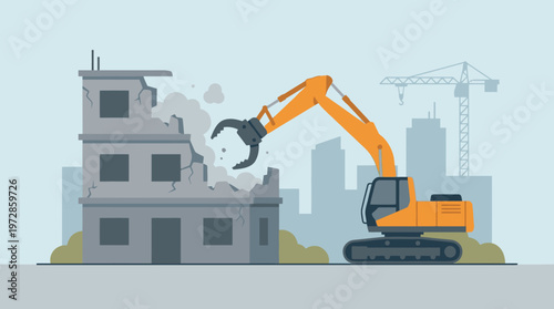 Excavator Demolishing Concrete Building Vector Illustration, Urban Renewal and Construction Site Concept
