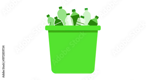 Green recycling bin overflowing with plastic bottles, isolated on white background