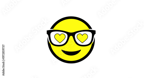 Happy yellow smiley face wearing glasses with heart eyes, love, emotion, positive vibe