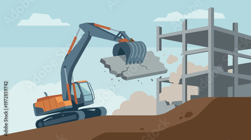 Industrial Excavator Demolishing Concrete Building Structure on Construction Site Vector Illustration