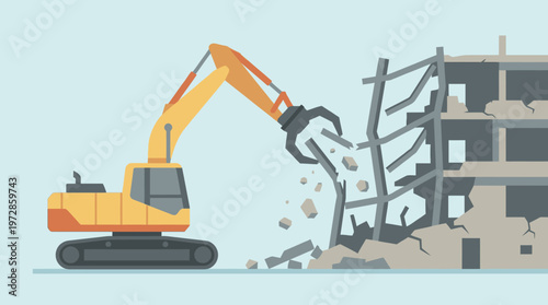 Yellow Excavator with Demolition Claw Tearing Down Old Building Structure Flat Vector Illustration