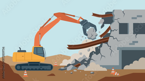 Heavy Duty Excavator Demolishing Building Wall with Hydraulic Claw, Flat Vector Construction Illustration for Urban Development and Site Clearance