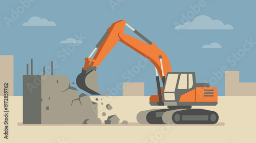 Orange Excavator Demolishing Concrete Structure Flat Illustration