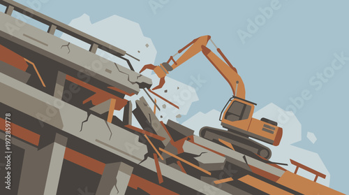 Industrial Excavator with Hydraulic Claw Demolishing a Concrete Building, Flat Vector Illustration of Urban Renewal and Construction Site
