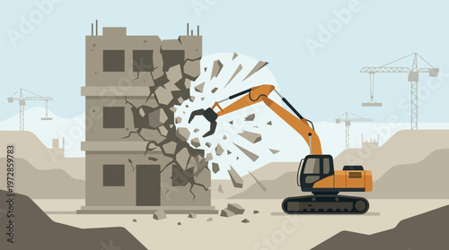 Demolition Excavator Machine Tearing Down Old Building at Construction Site Flat Vector Illustration for Urban Development and Renovation Concepts