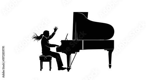 Silhouette of a pianist playing a grand piano with one hand raised, isolated on white background.