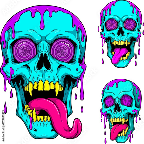 Psychedelic dripping skull vector set, trippy neon blue and purple skulls with hypnotic eyes, surreal melting cranium illustrations for streetwear