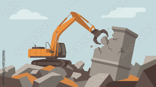 Excavator with Mechanical Claw Demolishing Concrete Building Structure Vector Illustration