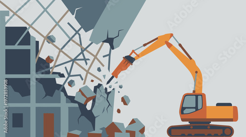 Heavy Duty Orange Excavator with Hydraulic Breaker Demolishing Old Building Structure, Industrial Demolition and Urban Renewal Flat Vector Illustration