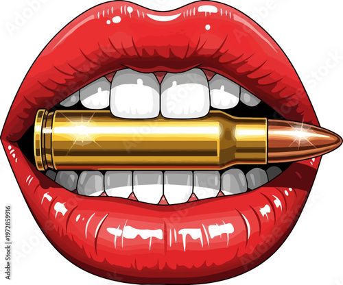 Edgy pop art red lips biting a golden bullet, provocative female mouth with white teeth and ammunition, aggressive urban streetwear vector illustration
