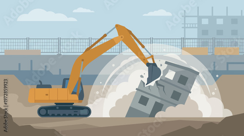 Yellow Excavator Demolishing Concrete Building on Construction Site Vector Illustration