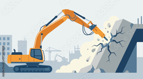 Excavator with Hydraulic Breaker Demolishing Concrete Structure on Construction Site Flat Illustration