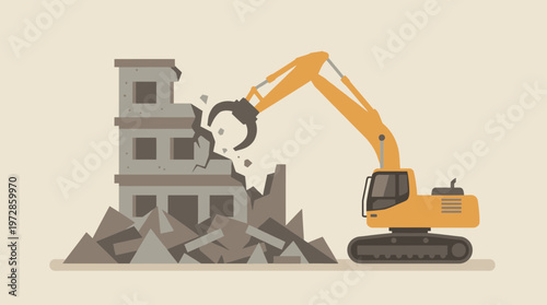Yellow Excavator Demolishing Concrete Building - Flat Vector Illustration of Construction Site Demolition, Urban Renewal, and Heavy Machinery