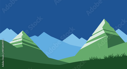 Minimalist mountain landscape vector, geometric green hills and blue peaks, flat design nature background for outdoor adventure and travel concepts
