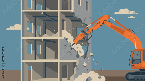 Excavator with Hydraulic Breaker Demolishing Building for Urban Redevelopment Vector Illustration