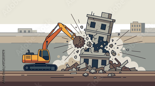 Vector Illustration of a Large Excavator Demolishing an Old Building on a Construction Site, Urban Renewal and Destruction Concept for Industrial Design