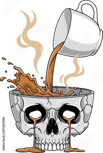 Edgy skull coffee vector illustration, hot caffeine pouring into human cranium bowl, dark humor morning drink concept for apparel and posters