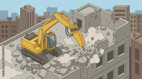 Yellow Excavator Demolishing Building in City, Isometric Construction Site Illustration of Urban Renewal and Heavy Machinery