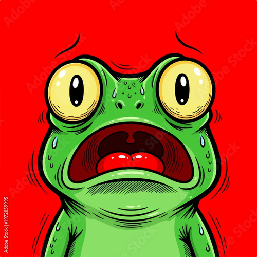 Stressed green frog cartoon character with wide eyes, anxious sweating toad vector illustration, panicked amphibian mascot on red background