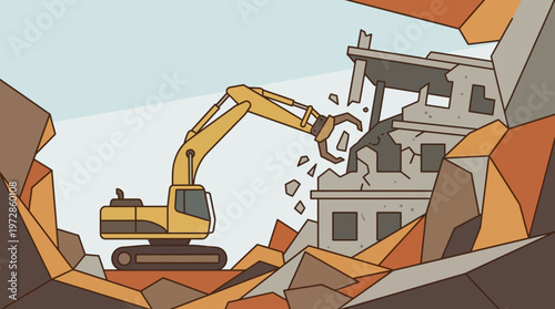 Yellow Excavator Demolishing a Building Site, Heavy Machinery in Action at a Construction Demolition Zone, Vector Illustration of Urban Renewal and Debris