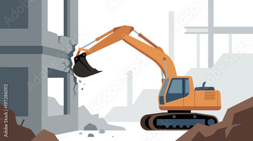Excavator Demolishing Building - Construction Site Vector Illustration