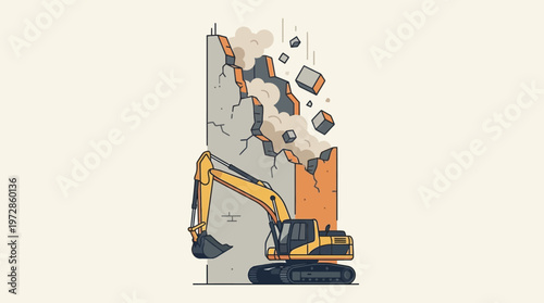 Excavator Demolishing Concrete Wall Illustration - Minimalist Flat Design for Construction and Renovation
