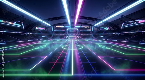 Futuristic neon lit sports stadium with glowing digital lines and smoke effects