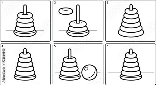 Black and white line art stacking rings toy with ball and ring elements simple steps