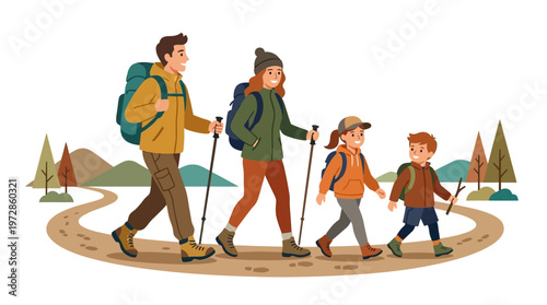 Happy Family Hiking Together in Nature Illustration with Backpacks and Trekking Poles on a Scenic Mountain Trail